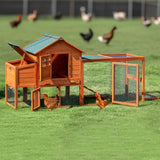 GARWOOD Large Wooden Chicken Coop Outdoor Big Hen House Poultry Pet Duck Hutch with Run Cage Nesting Box Waterproof Asphalt Roof Ramp Removable Tray Wire Fence for Backyard Small Animals 79" Brown GARWOOD