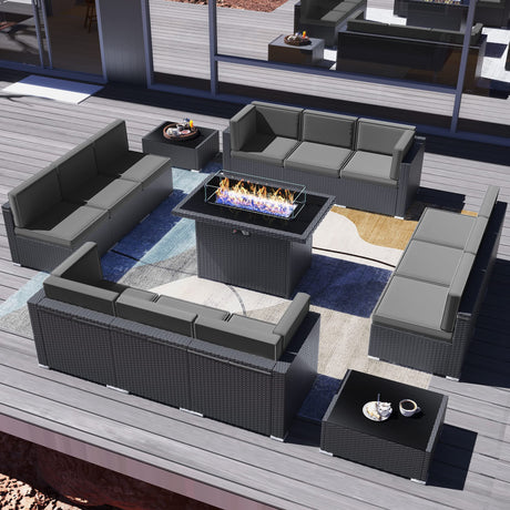 Vakollia 15 Pieces Patio Furniture Set with 44" Propane Gas Fire Pit Table, Outdoor Sectional Wicker Conversation Sofa Sets with Coffee Table Vakollia