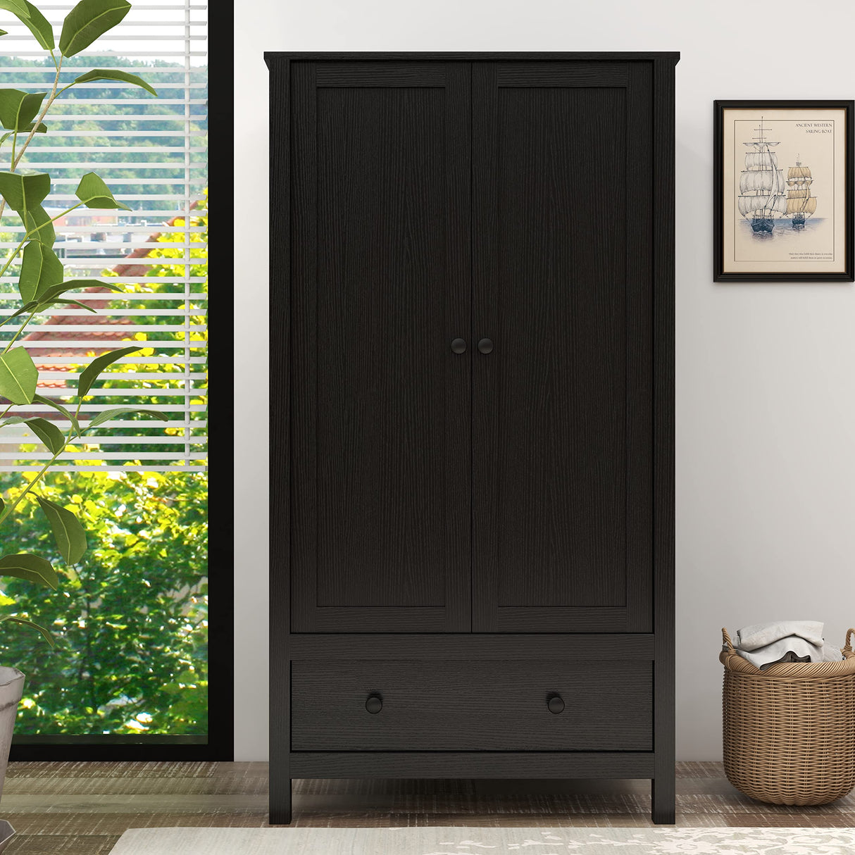 Panana 2 Door Wardrobe, Armoire with Drawer for Bedroom (Black) Panana