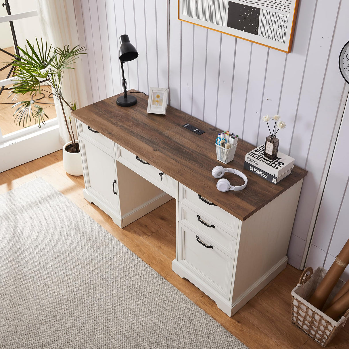 boknight 60" Farmhouse Executive Desk with Lock,Home Office Desk with Charging Station,Executive Desk with 4 Drawers & 1 Cabinet&1 File Cabinet for Office and Home boknight