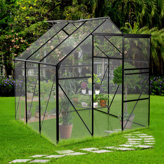 KELRIA 6x6 FT Polycarbonate Greenhouse with Raised Base, Walk-in Hobby Greenhouse Storage Shed with Sliding Doors and Vent Window, Sunroom Aluminum Hot House for Outdoor Garden Backyard, Black