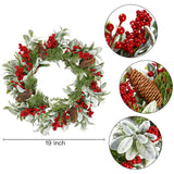 Sggvecsy 19 Inch Artificial Christmas Wreath for Front Door Flocked Lambs Ear Wreath with Red Berries Pine Needles Pinecones Christmas Decorations for Wall Outdoor Home Holiday Xmas Decor Sggvecsy