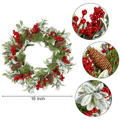 Sggvecsy 19 Inch Artificial Christmas Wreath for Front Door Flocked Lambs Ear Wreath with Red Berries Pine Needles Pinecones Christmas Decorations for Wall Outdoor Home Holiday Xmas Decor