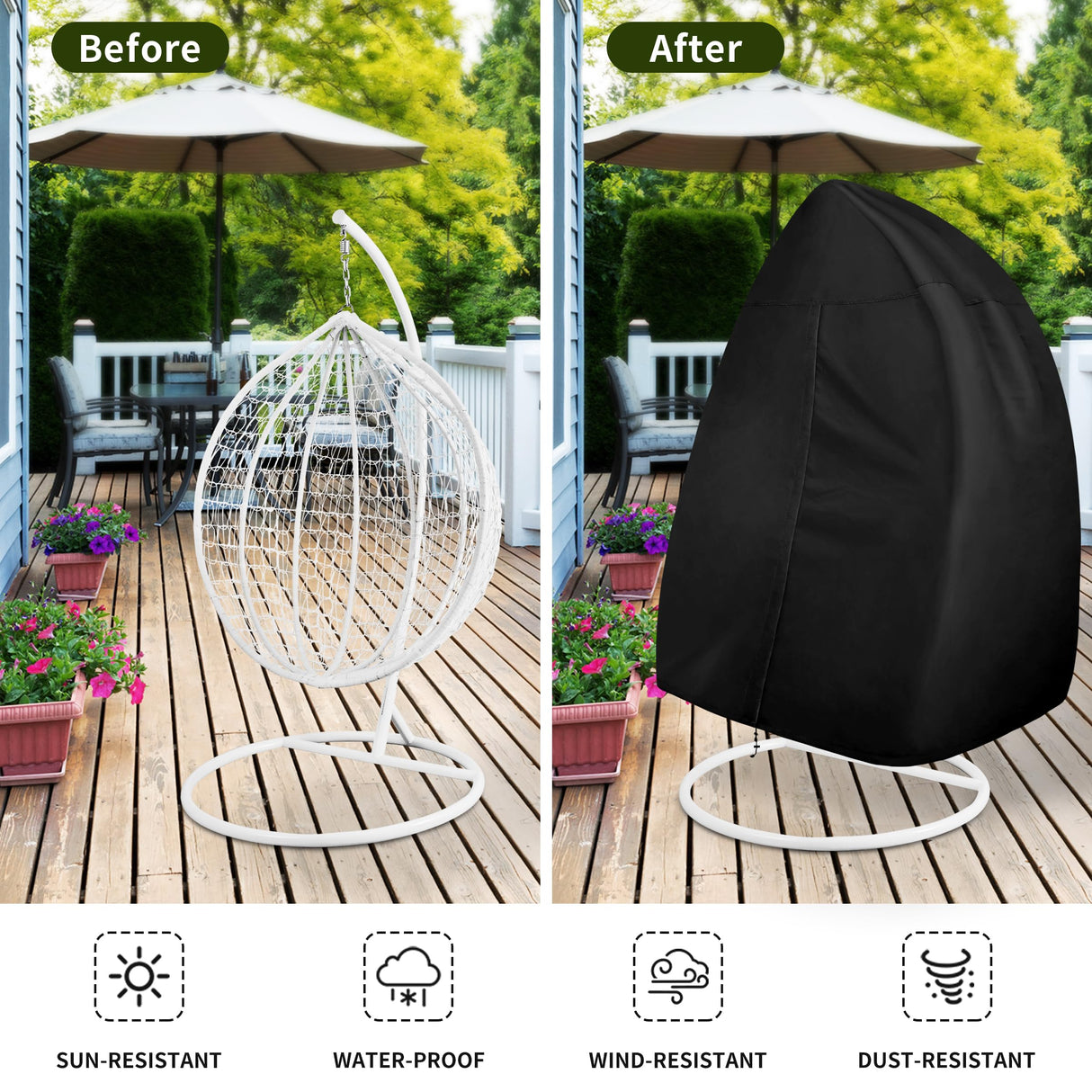 Easy-Going Patio Egg Chair Cover, UV Resistant Waterproof Swing Hanging Egg Chair Cover with Zipper, Outdoor Wicker Single Seat Egg Chair Cover, Black Easy-Going