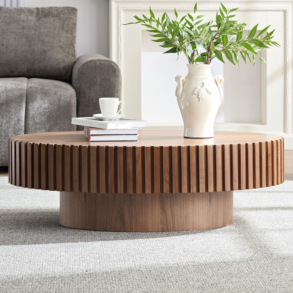 Kevinplus Walnut Oval Coffee Table - Modern Wood Coffee Table for Living Room, Contemporary Circle Fluted Drum Design, Easy Assembly (43.7'' x 24.8'' x 13.38'') kevinplus