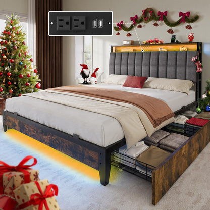 YITAHOME Full Size Bed Frame with RGB LED Lights and 4 Drawers, Upholstered Platform Bed with Charging Station and Storage Headboard, No Box Spring Needed, Noise-Free, Fast Assembly, Rustic Brown