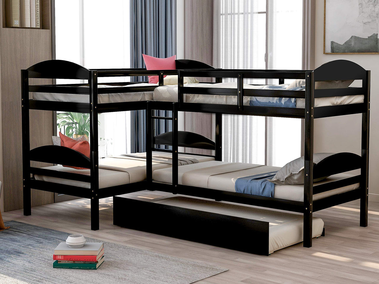 Quad Bunk Bed with Trundle, Twin Over Twin Bunk Bed for Kids, L-Shaped 4 Beds Bunk Bed Frame with Guardrails Corner Bunk Beds No Box Spring Needed (Espresso, L Shaped Bunk Bed) Harper & Bright Designs