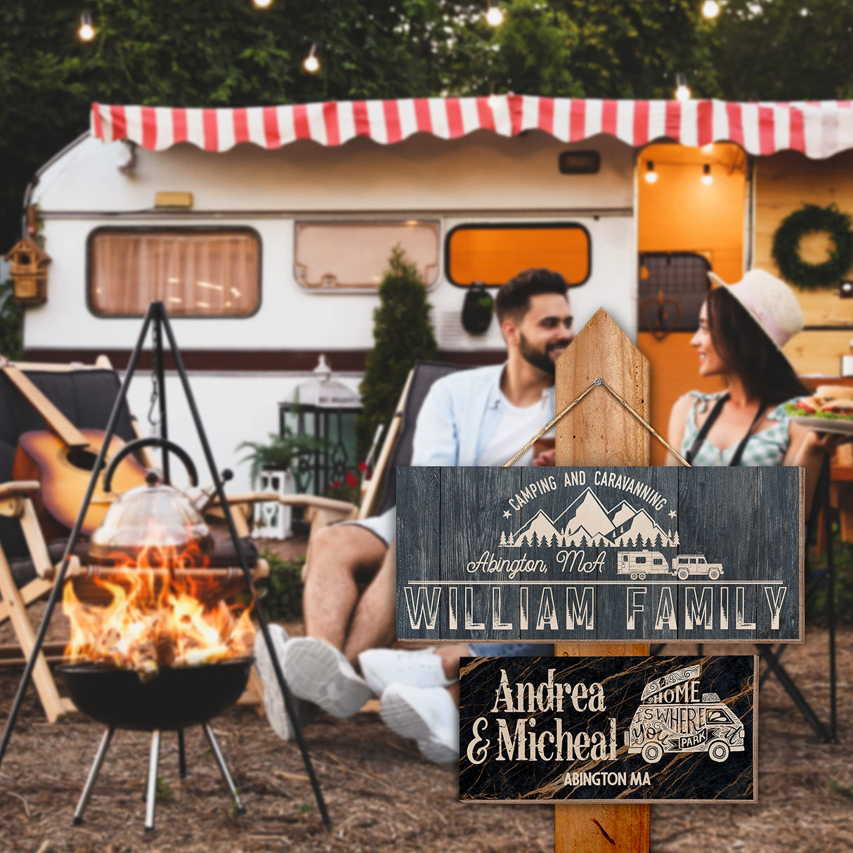 Camping Wood Signs With Name Address, Personalized Camp Wooden Sign Board for Camper Rv Trailer Accessories, Customized Home Wall Decor Farmhouse Plaque, Christmas Gift C1 People People