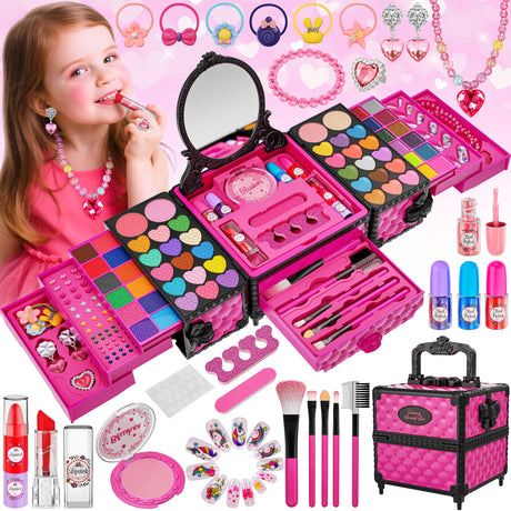 99 Pcs Kids Makeup Kit for Girls, Princess Toys Real Washable Cosmetics Set with Mirror, Hair Ties, Nails, Rings, Earrings, Necklace, Perfect for 3 4 5 6 7 8 Year Old Girls Birthday Kuovei