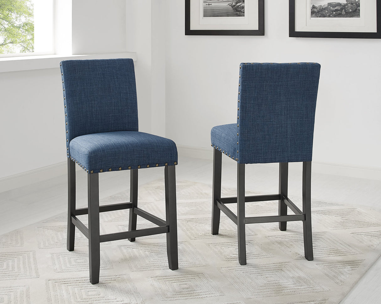 Roundhill Furniture Collection Biony Espresso Wood Counter Height Dining Set with Blue Fabric Nailhead Stools, Roundhill Furniture