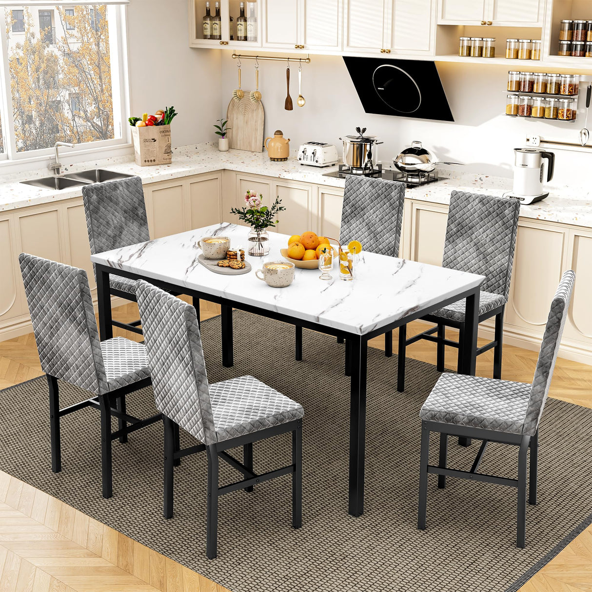 Recaceik 7 Piece Dining Table Set for 6 with Chairs of Velvet Foam, Faux Marble Kitchen Dining Table Set for Small Space, Living Room, Apartment (Grey) Recaceik