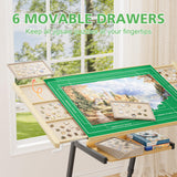 Puzzle Table with Drawers for 1500 Piece Jigsaw Puzzles – Crank Handle Adjustable Tilting Puzzle Board with Legs and Wheels for Adults, Wooden Puzzle Boards with 6 Trays & Cover, Sliding Storage Shelf EVAWOO