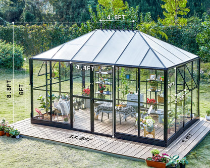 AMERLIFE 14x9.5x9 FT Hybrid Polycarbonate Greenhouse Quick Connector Fast Assembly, Swing 2 Doors Clear Panels, Walk-in Large Aluminum Greenhouse Winter Greenhouse for Outdoors, Black