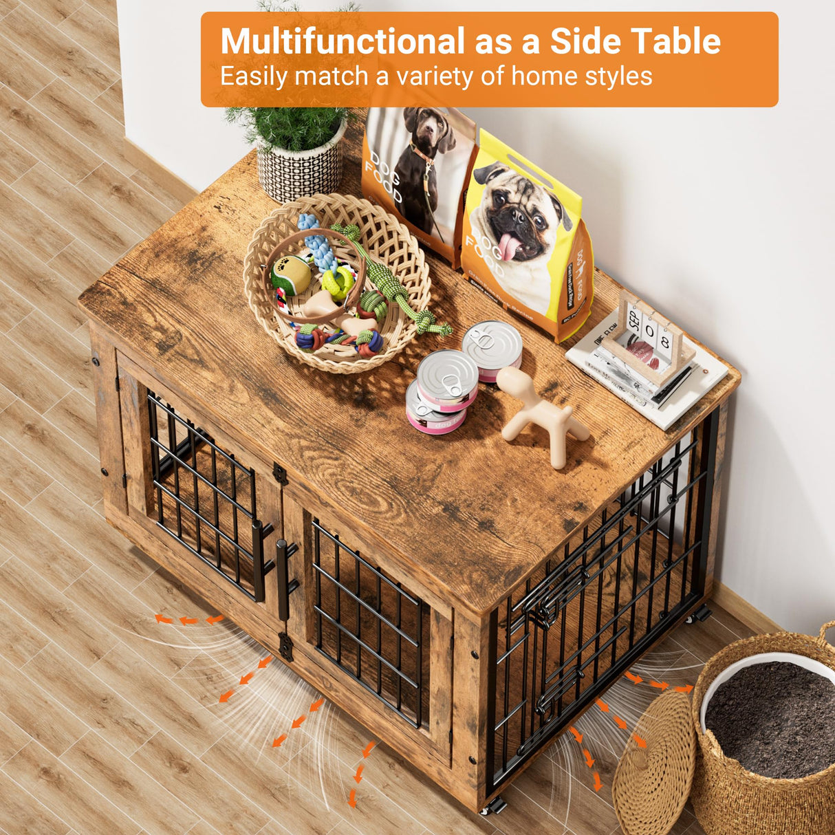 Lulive Dog Crate Furniture, Dog Kennel Indoor Double Doors Wooden Dog Cage, 33'' Heavy Duty Dog Crate with Cushion & Wheels, Decorative End Table Pet House Chew-Resistant for Medium/Small Dog, Brown Lulive