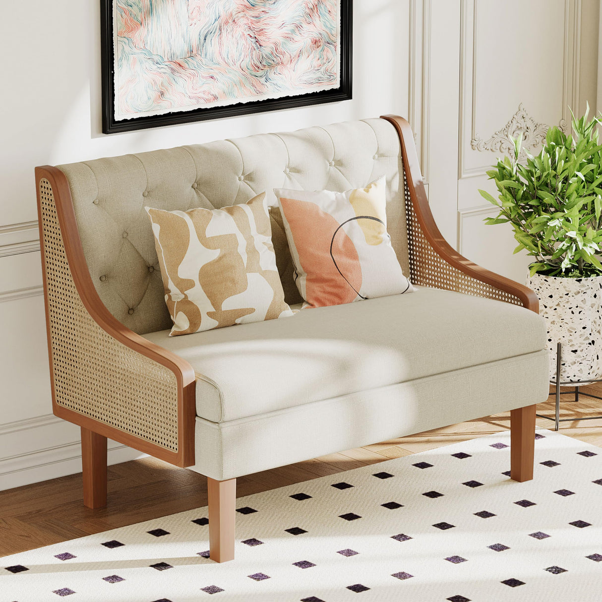Andeworld Loveseat Settee Bench with Natural Rattan Arms,Upholstered Modern Mini Sofa Couch,Banquette Dining Bench Love Seat for Living Dining Room Bedroom Office Small Space Entryway,Beige Andeworld