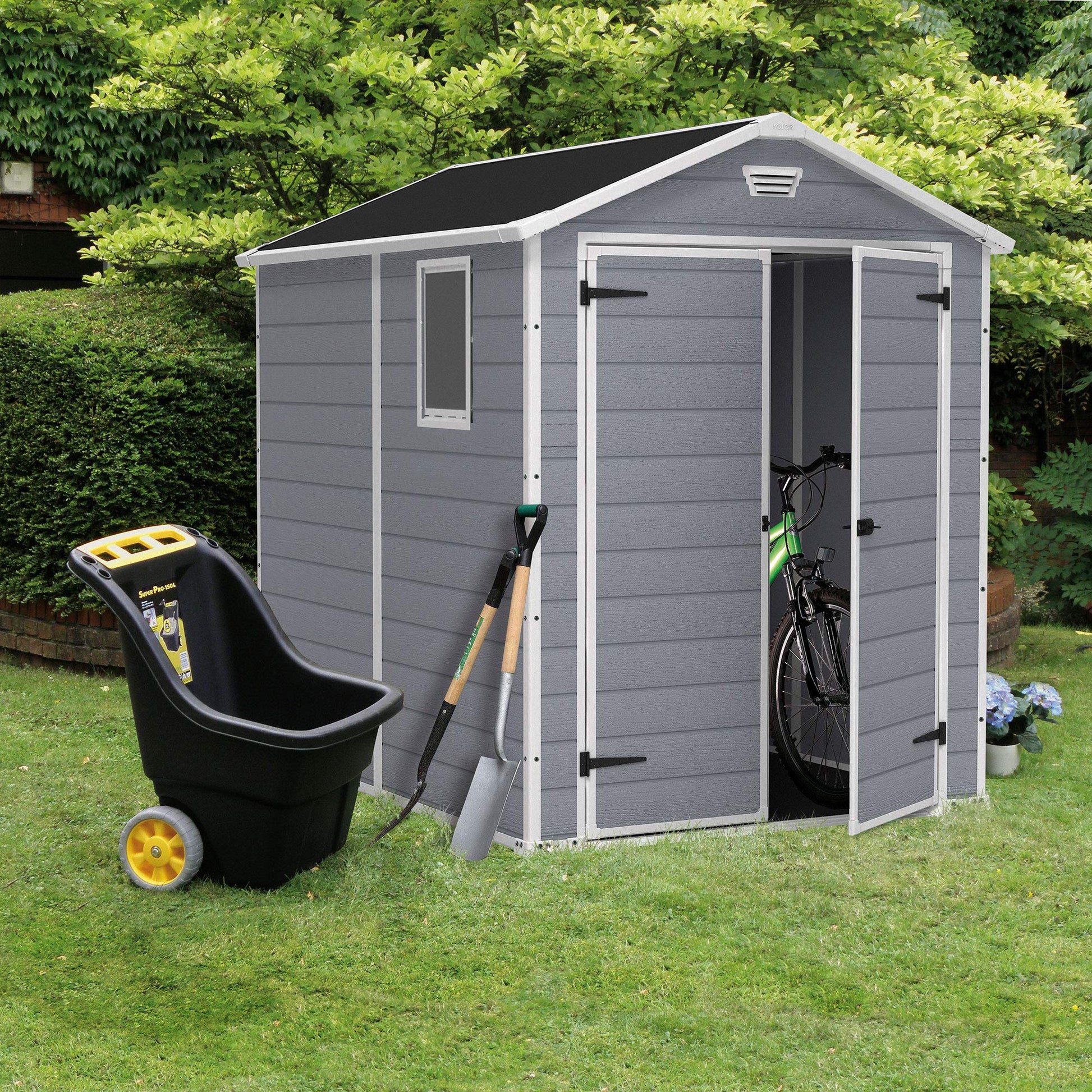 Keter Manor 6 x 8 Foot All Weather Garden Tool Outdoor Storage Shed Durable Resin Organizer with Lockable Double Doors and Fixed Window, Gray - WoodArtSupply