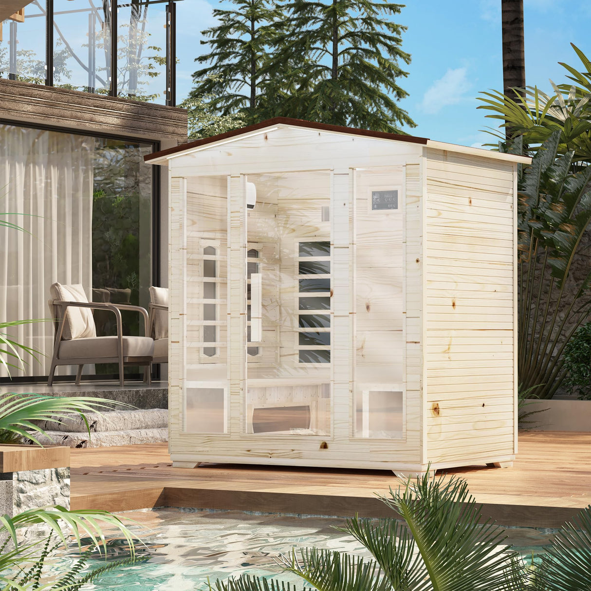 BNEHS Outdoor Sauna 4 Person,Full Spectrum Infrared Sauna,Home Sauna with 10 Minutes Warm Up Heating Tubes & Panels,Personal Wooden Sauna Room with Bluetooth Speaker,3060Watt BNEHS