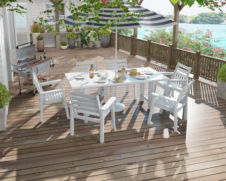 AMERLIFE 7-Piece HDPE Outdoor Dining Table Set with 6 Chairs, 71" L Patio Dining Furniture Set with Umbrella Hole, Modern Dinner Table & Chairs Set for Garden, Backyard, Poolside, White AMERLIFE