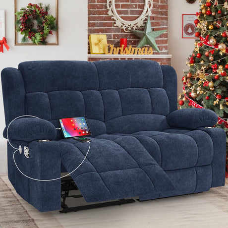 IROSTAE Loveseat Recliner Sofa, 2 Seater Minimalist Style Fabric Manual Pull Tab Reclining Loveseat with USB Charge Ports, Cup Holders, Recliner Love Seat Couches for Living Room, RV, Blue IROSTAE