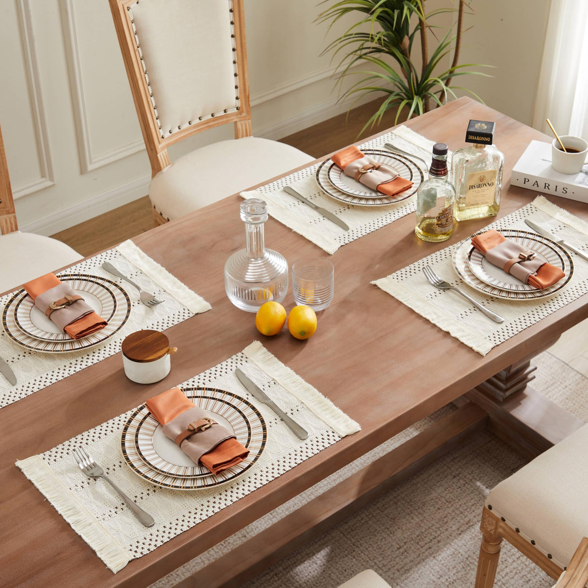 ZeeMart Macrame Style Boho Placemats Set of 4, Ivory Decorative Natural Farmhouse Cotton Woven Place Mats Home Decor for Kitchen Dining Table ZeeMart