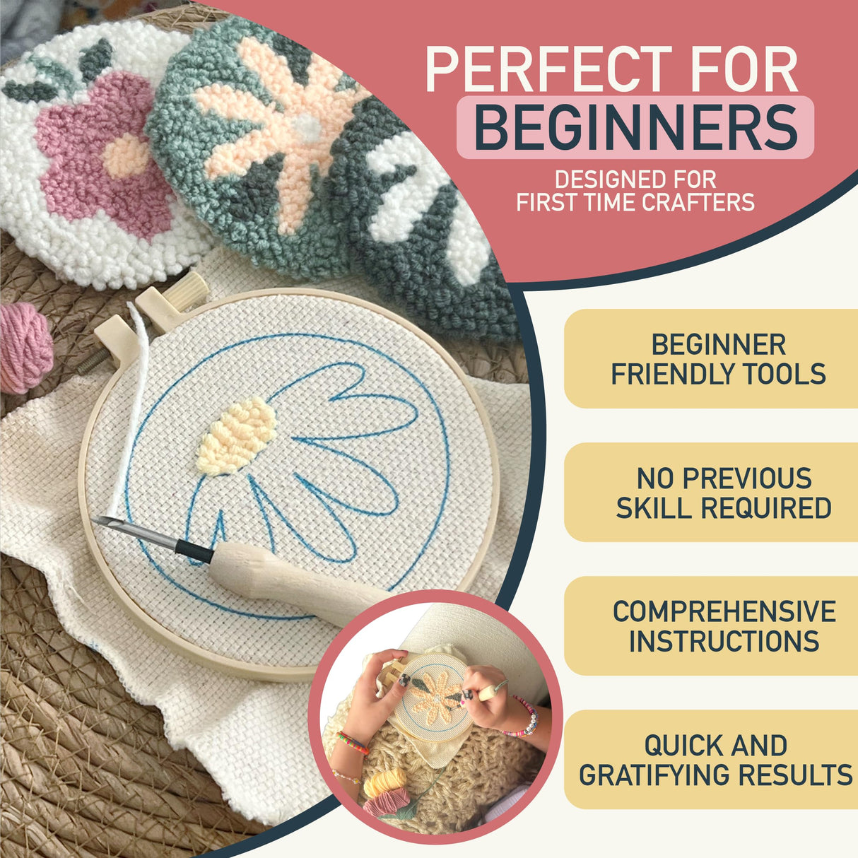 Punch Needle Kit – 6 Floral Design Punch Needle Embroidery Kit w/Monk Cloth, Embroidery Hoop, Yarn & More - Essential Punch Needle Supplies for Crafters - Ideal Punch Art for Beginners Emri Lane