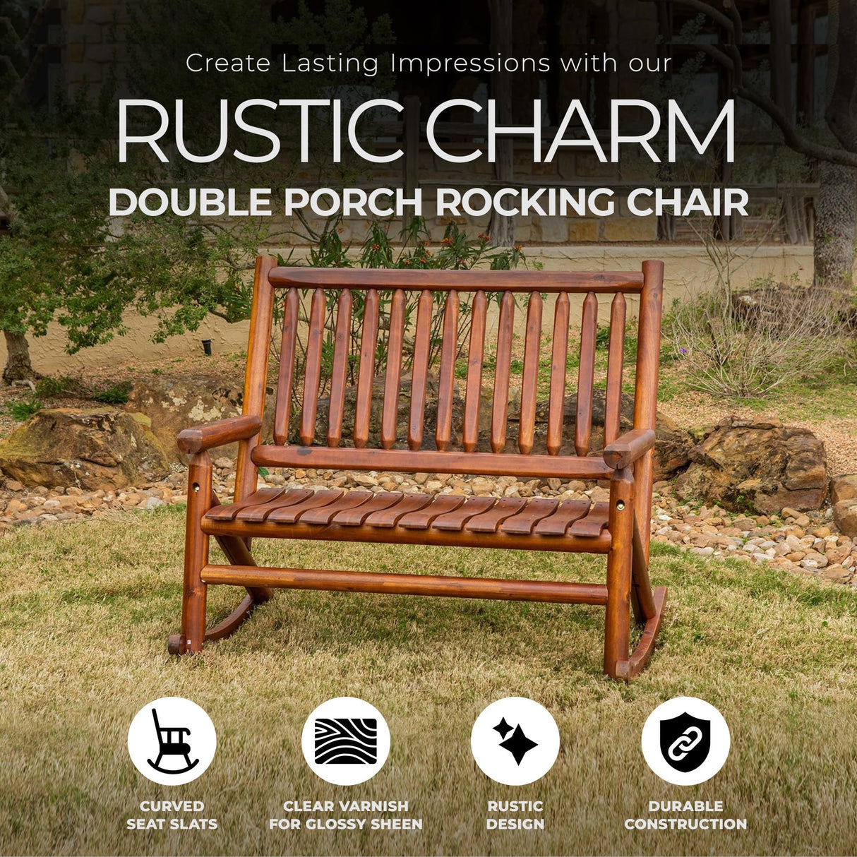 Leigh Country Double Porch Rocking Chair with Curved Seat Slats, Wide Seat, and Stained Finish for Lawn, Garden, and Patio Spaces, Honey Leigh Country