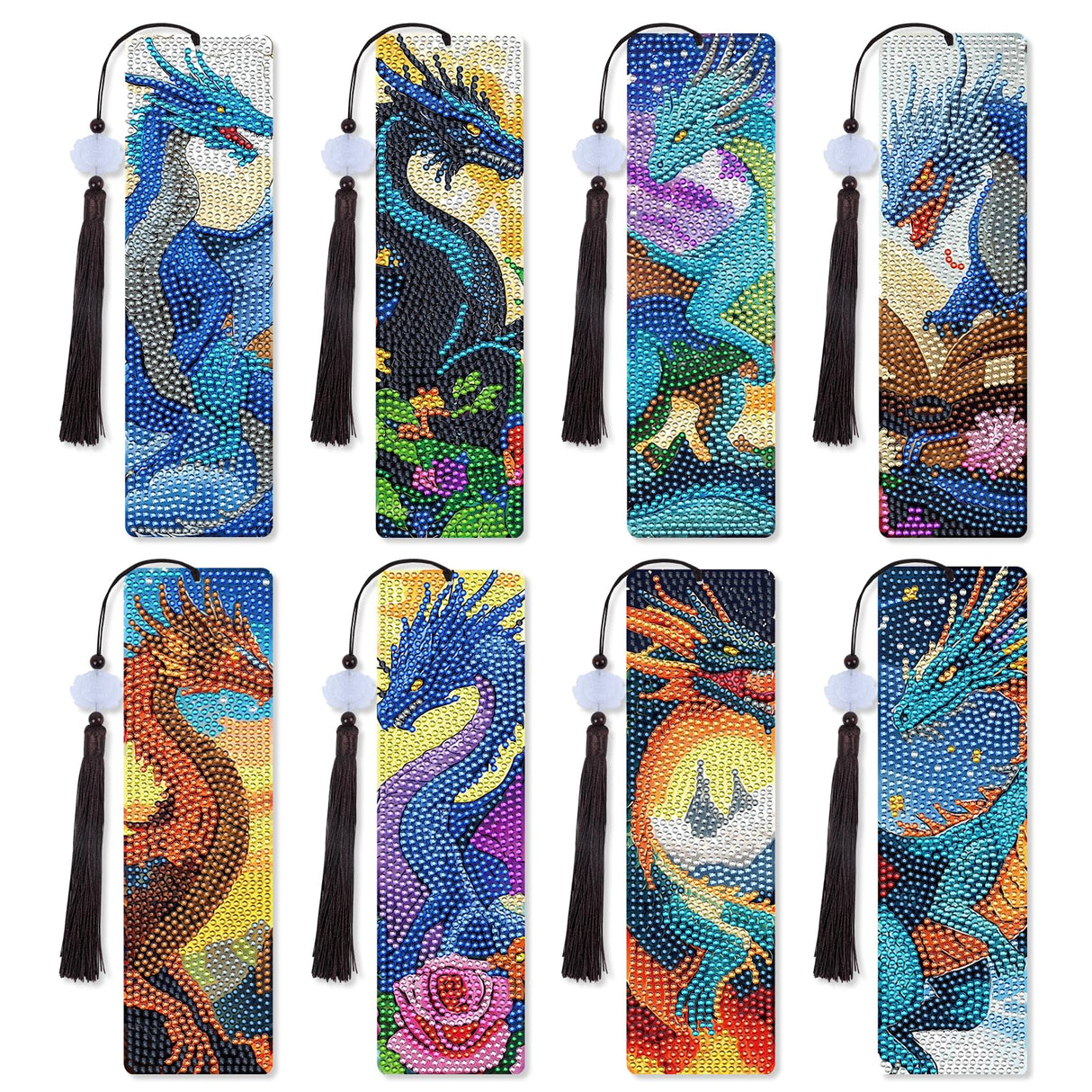 Dragon Diamond Art Bookmarks - 8 Pcs Legend Animal Dragon Diamond Painting Bookmarks with Tassels, DIY Gem Art Crafts for Adults Sitsink