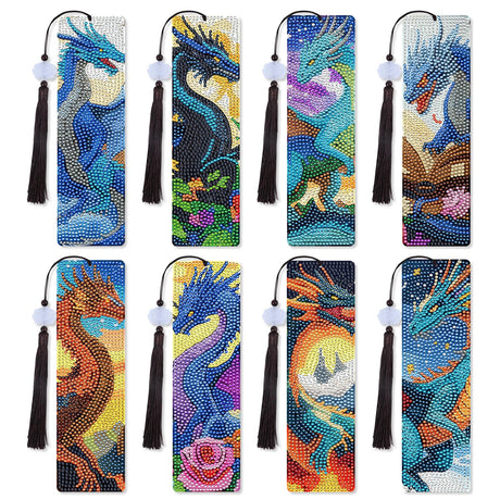 Dragon Diamond Art Bookmarks - 8 Pcs Legend Animal Dragon Diamond Painting Bookmarks with Tassels, DIY Gem Art Crafts for Adults Sitsink