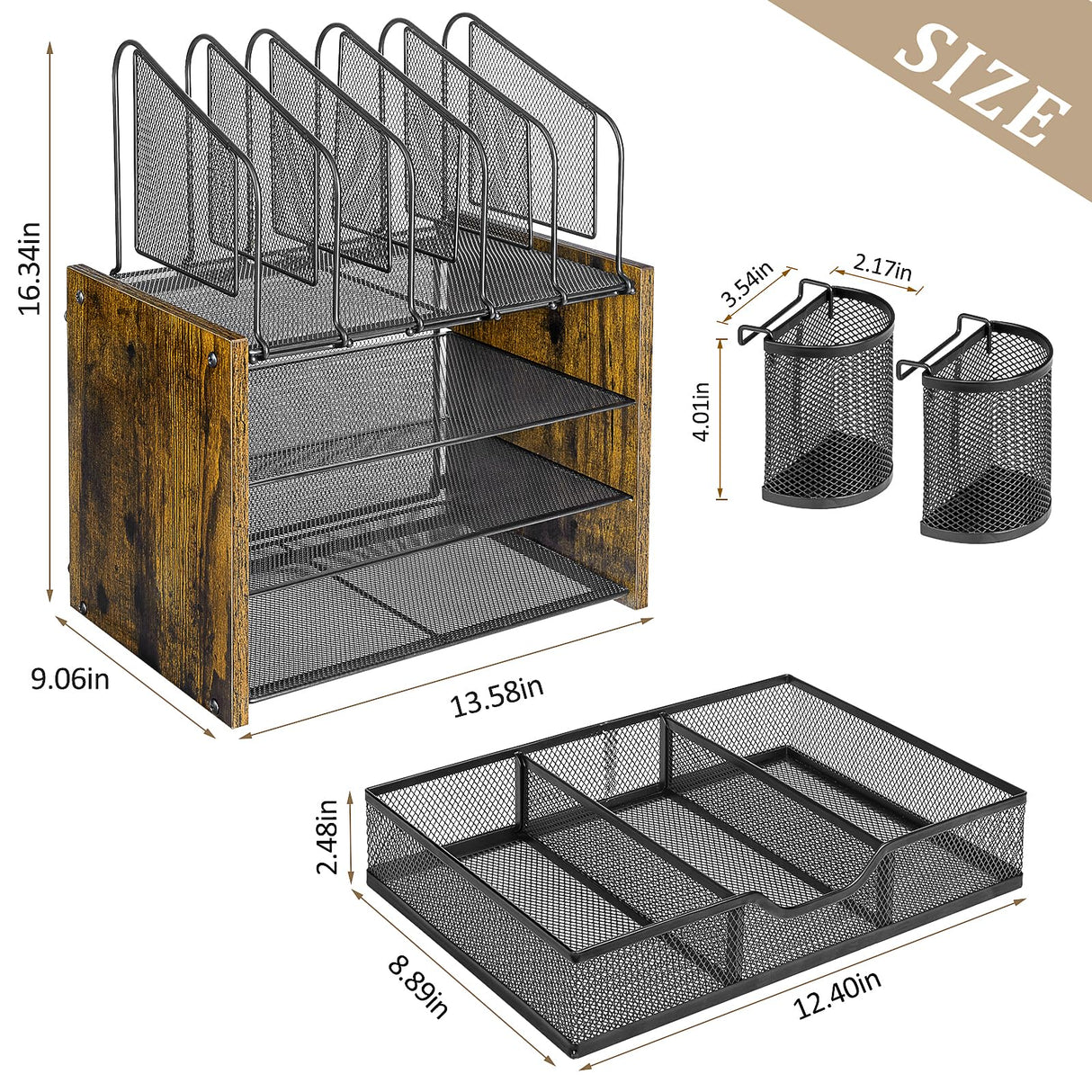 DAOUTIME 4-Tier Mesh Desk Organizer, Wooden Desk File Organizer with 5 Vertical File Holders and 2 Pen Holders, Desktop Organizer with Drawer, Desk Organizers and Accessories for Home Office DAOUTIME