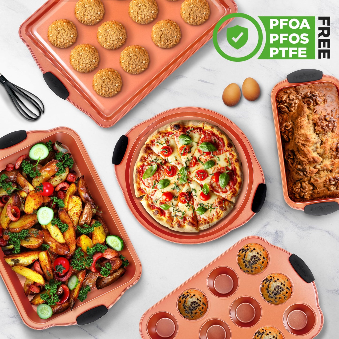 NutriChef 8 Piece Baking Pans Set - Nonstick Carbon Steel Bakeware Set w/ Silicone Heat-Safe Handles - Includes Loaf Pan, Muffin Pan, Cookie Sheets, Pizza Crisper, Roasting Pans - Copper