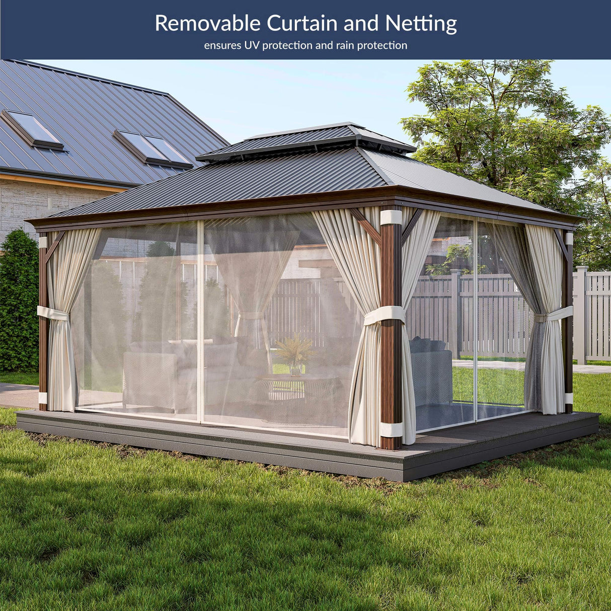BELLEZE 12 x 16ft Hardtop Gazebo, Widen Pole Outdoor Canopy, Aluminium Frame Galvanized Steel Double Roof Waterproof Gazebo Tent with Nettings and Curtains for Patio, Backyard, Deck, Lawns, Garden BELLEZE
