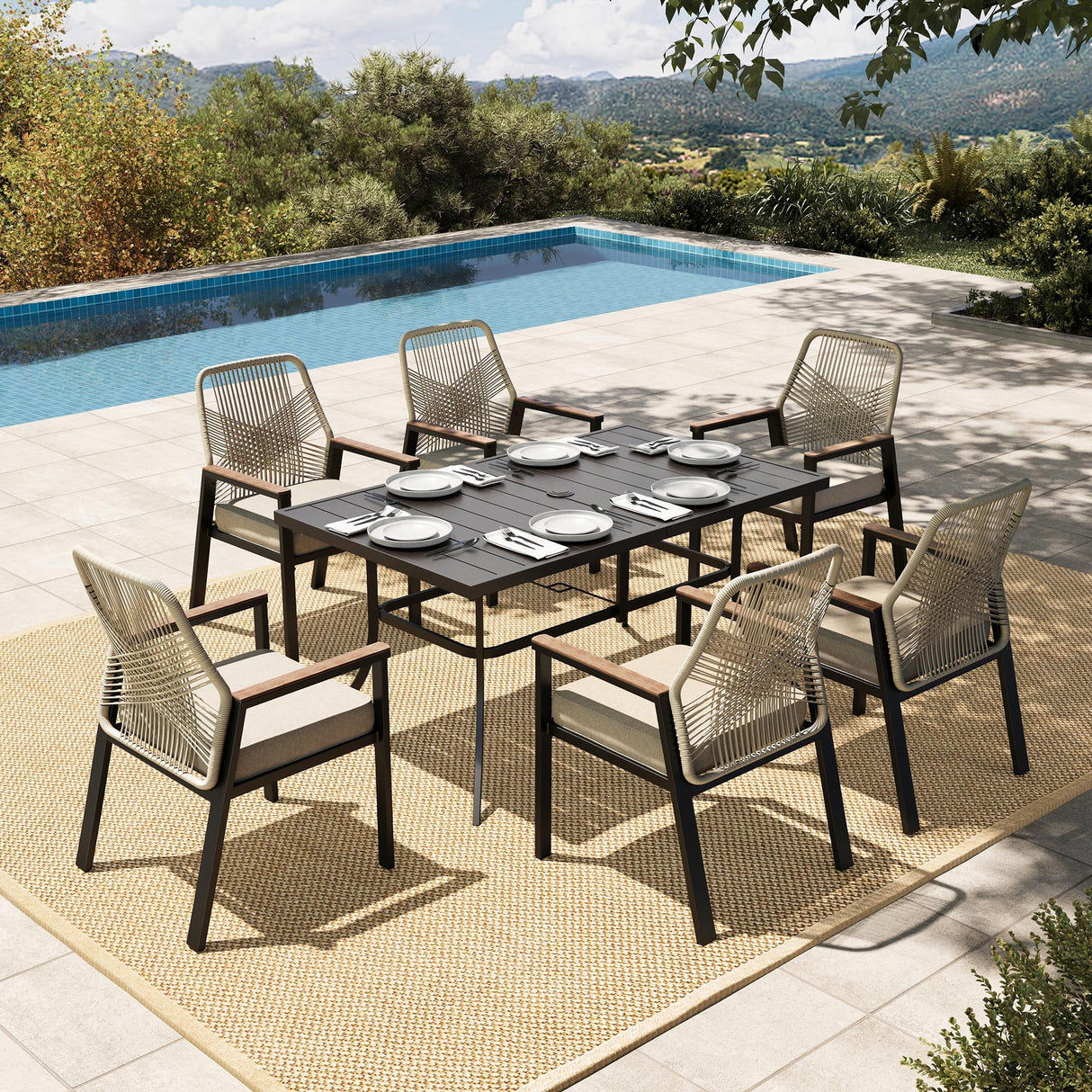HERA'S HOUSE 7 Pieces Patio Table and Chairs Set, Outdoor Dining Set for 7, 6 x Cushioned Woven Rattan Patio Chairs and 1 x Black Metal Table with Umbrella Hole, Outdoor Rattan Dining Set for Lawn HERA'S HOUSE