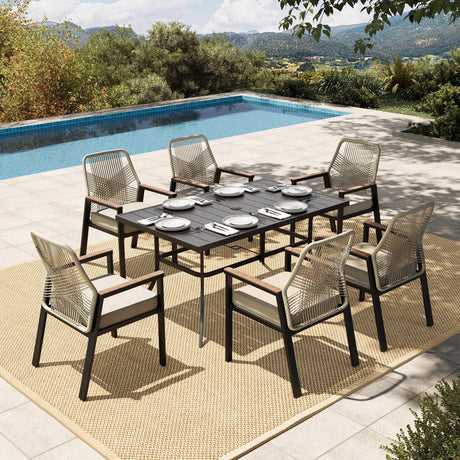 HERA'S HOUSE 7 Pieces Patio Table and Chairs Set, Outdoor Dining Set for 7, 6 x Cushioned Woven Rattan Patio Chairs and 1 x Black Metal Table with Umbrella Hole, Outdoor Rattan Dining Set for Lawn HERA'S HOUSE