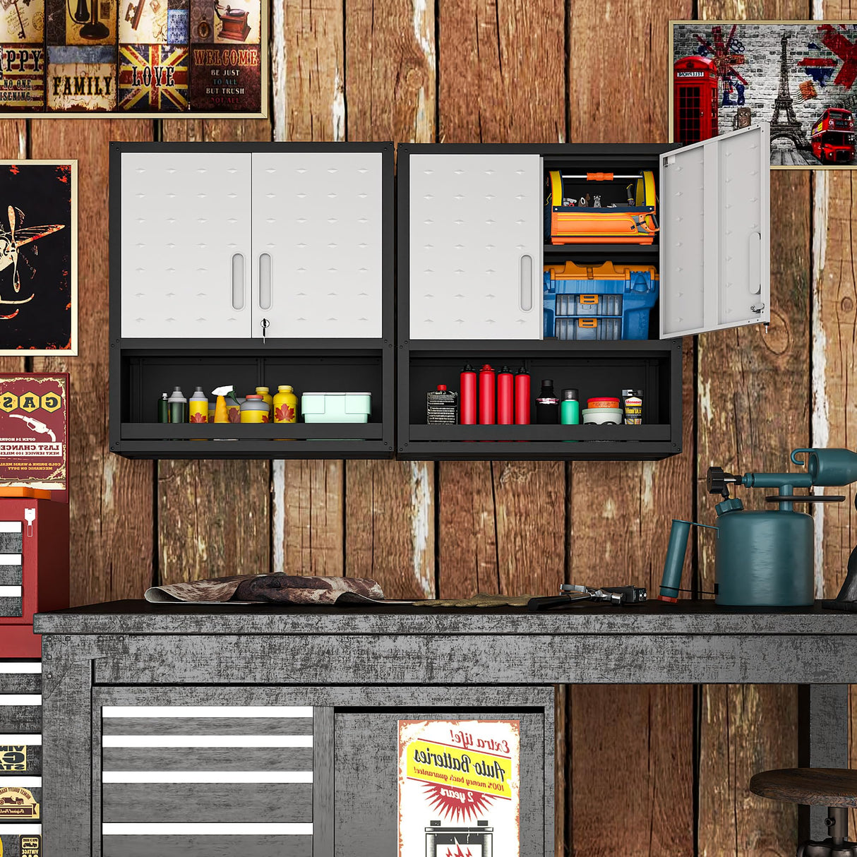 BIZOEIRON Metal Cabinets with Doors and Shelves Black and Gray Garage Cabinets Wall Mounted Adjustable Storage Shelving Floating Garage Tool Cabinet,Wall Cabinet for Warehouse/Basement/Kitchen BIZOEIRON