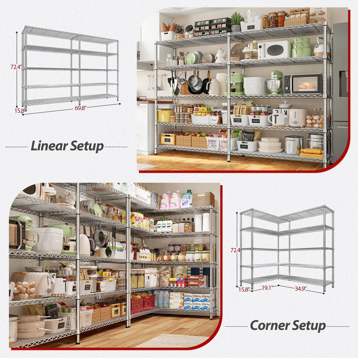 REIBII 69.8" W Storage Shelves 1510LBS Wire Shelving Unit 5 Tier Metal Shelving for Storage Rack Shelves Adjustable Heavy Duty Garage Shelf Pantry Shelves Kitchen Shelving,69.8"Wx15.8"Dx72.4"H,Chrome REIBII