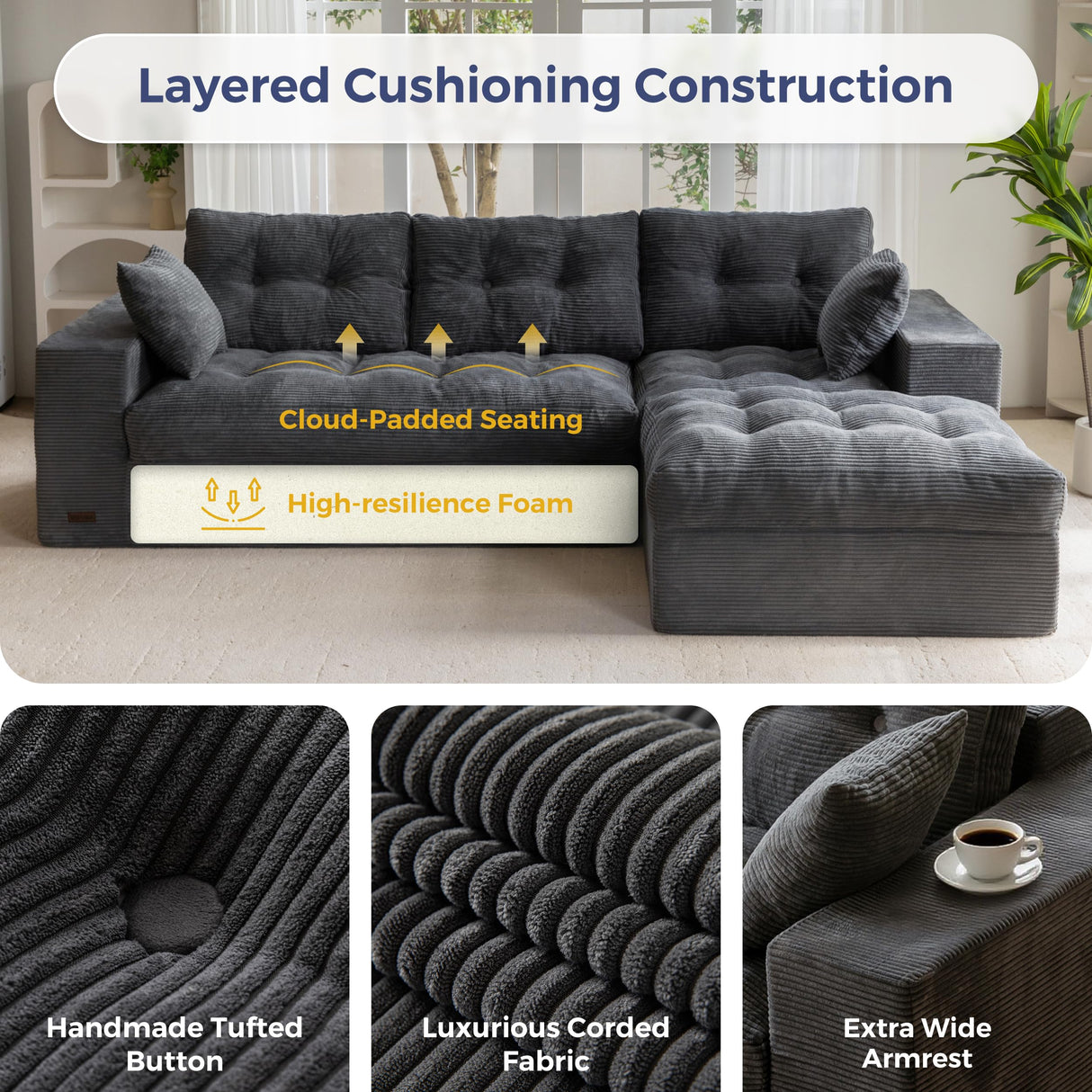 MAXYOYO L-Shaped Sectional Sofa with Convertible Left/Right Ottoman, Cloud Boneless Modular Couch, Layered Cushion & Tufted Upholstered, 4-in-1 Flexible Combination, No Assembly, Dark Grey MAXYOYO