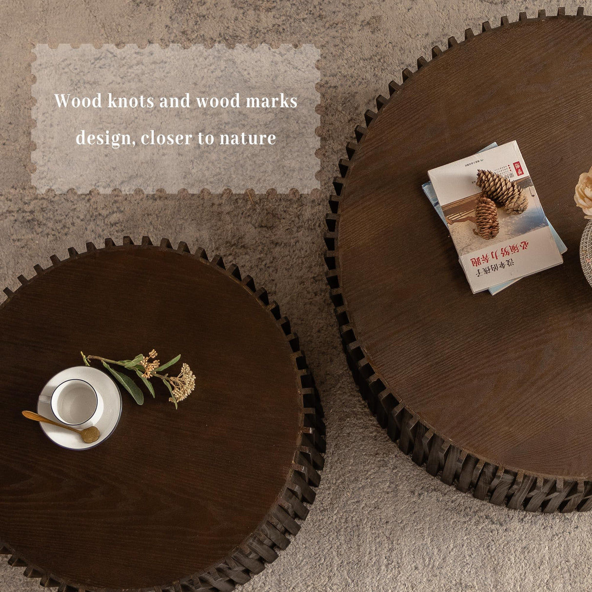 KIGFTSOD Vintage Modern Nesting Coffee Table Set of 2, Round Wooden Table Accent End Table Cylindrical Set with Vertical Textured Embossed Design for Living Room, Apartment (Dark Brown) KIGFTSOD