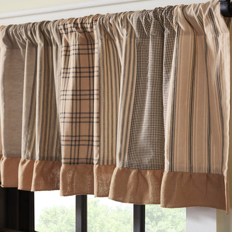 VHC Brands Sawyer Mill Charcoal Farmhouse Curtains for Kitchen Window Topper Linen Plaid Striped Patchwork Ruffled Light Filtering (Valance 19x72) VHC Brands