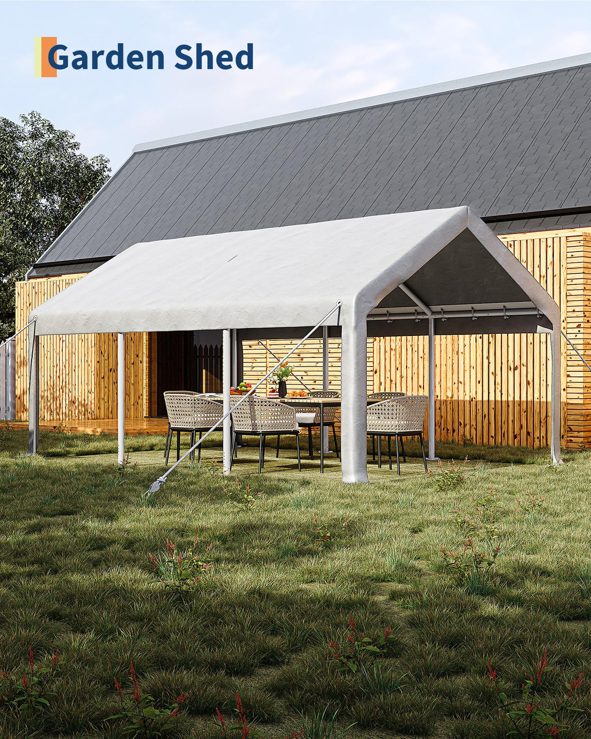 GarveeLife 10x20 Ft Carport, Car Port with 200g PE Tarp, Roll-Up Doors, and 4 Windows, for Sedans, Bass Boats, Motos, ATVs, and SUVs, White GarveeLife