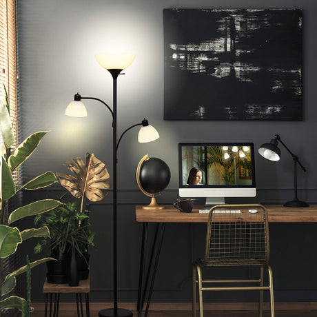 Brightech Sky Dome Double LED Floor lamp, Torchiere Super Bright Floor Lamp with 2 Reading Lamps for Living Rooms & Offices - Dimmable Tall Standing Lamp for Bedroom Reading - Tall Black Pole Brightech