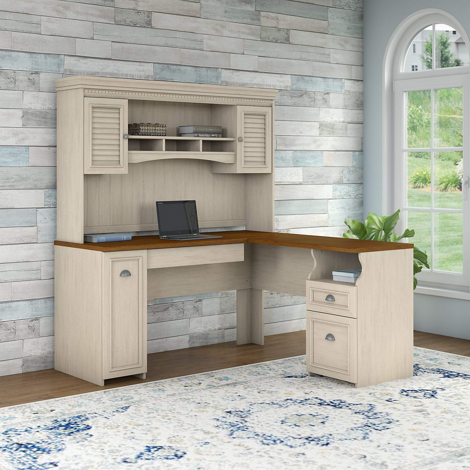 Bush Furniture Fairview L Shaped Desk with Hutch in Antique White - WoodArtSupply