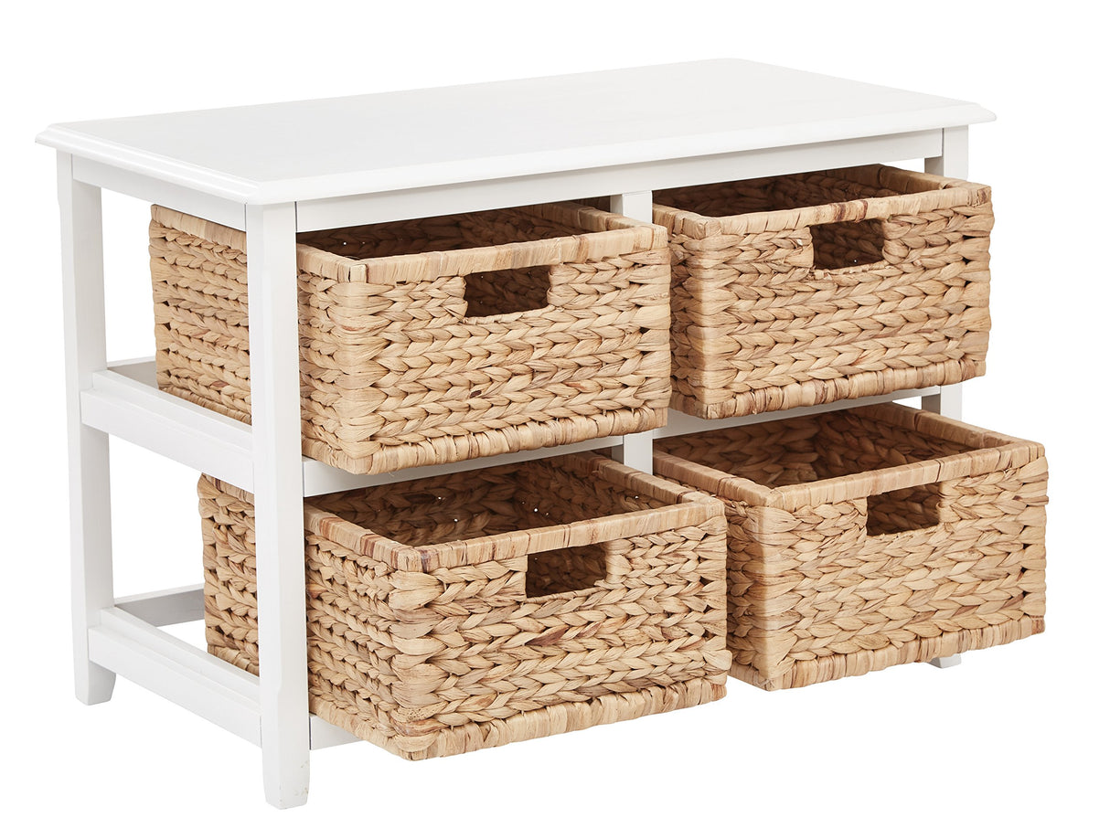 OSP Home Furnishings Seabrook Storage Tower with Solid Wood Frame and Natural Baskets, 2-Tier, 4-Drawer, White Finish OSP Home Furnishings