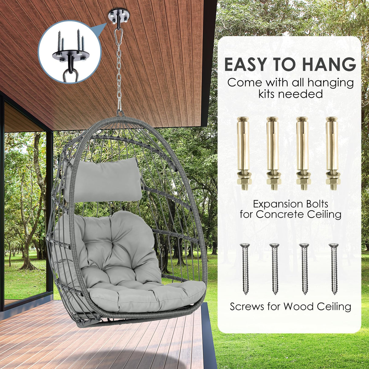 Hanging Egg Chair Without Stand - Foldable Indoor Outdoor Wicker Rattan Swing Egg Chair with Hanging Chain Hammock Chair - UV Resistant Cushions & Aluminum Frame for Bedroom Patio Camping (Grey) XIAO WEI