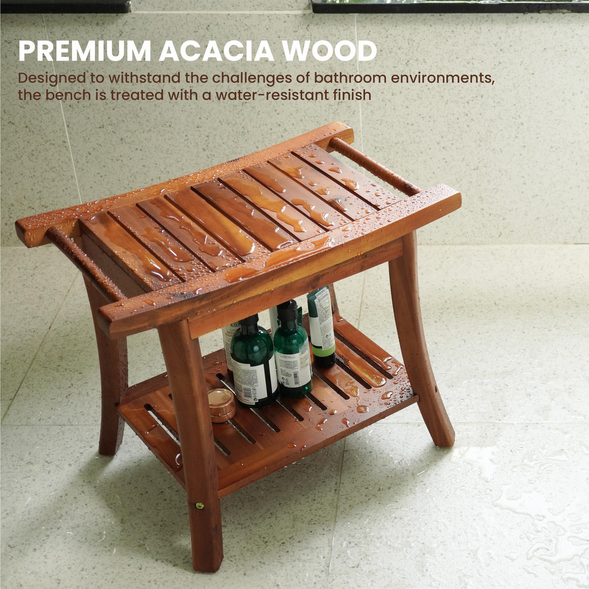 Tinamo Acacia Wood Shower Benches for Inside Shower - Wooden Shower Stool Waterproof for Shaving Legs - Bench Seat with Storage Towel Shelf for Bathroom - Chair Spa Bath (22" x 13" x 18.6") (Acacia) Tinamo