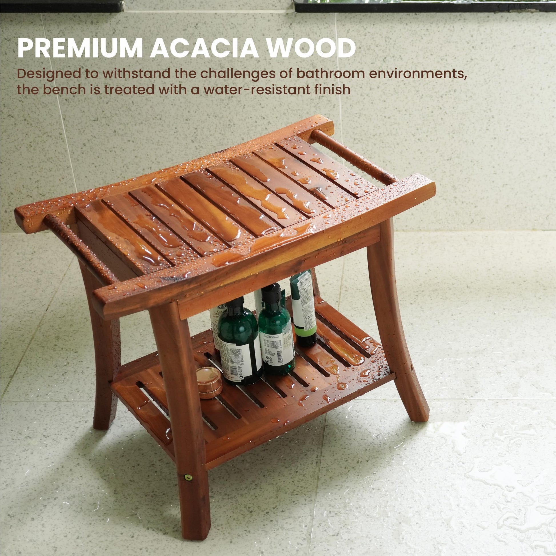 Tinamo Acacia Wood Shower Benches for Inside Shower - Wooden Shower Stool Waterproof for Shaving Legs - Bench Seat with Storage Towel Shelf for Bathroom - Chair Spa Bath (22" x 13" x 18.6") ( - WoodArtSupply