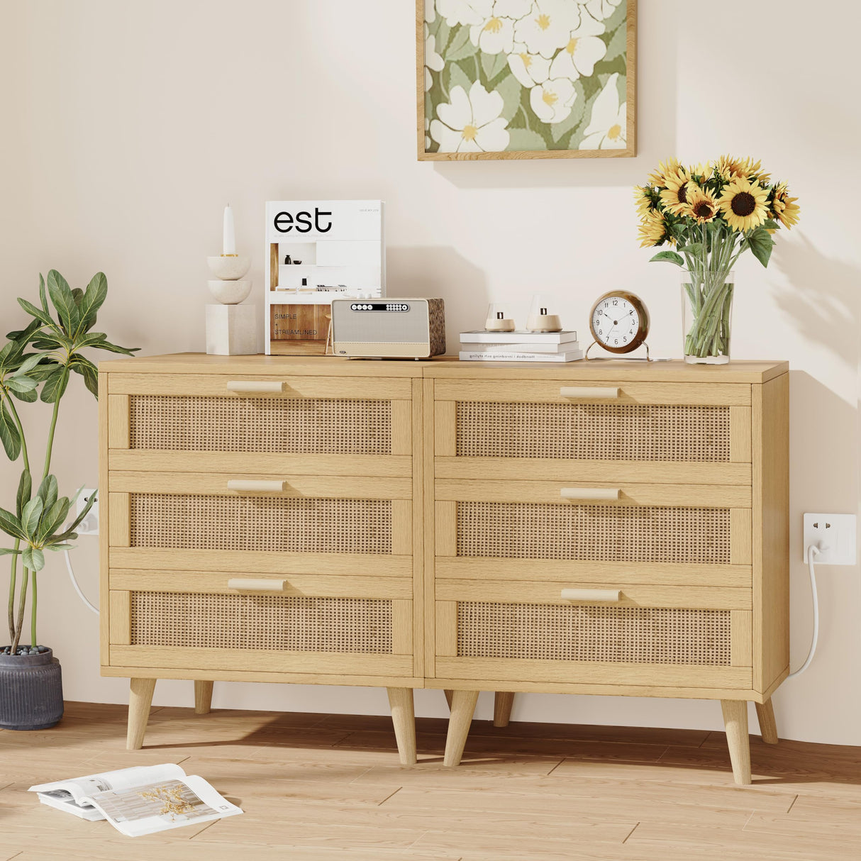 Rovaurx Rattan Nightstand with Charging Station, Night Stand with 3 Drawers, 28.5 Inch Bedside End Table for Bedroom, Side Table with USB Ports and Outlets, Boho Style, Natural RCTG110ME Rovaurx