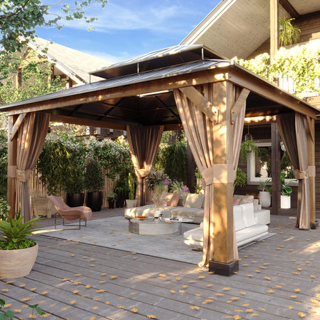 Meetleisure 13' x 15' Double Hardtop Gazebo - Outdoor Thermal Transfer Wood-Looking Aluminum Gazebo with Double Hardtop, Privacy Curtains and Mosquito Nettings Included, for Patio, Garden, Backyard MeetLeisure