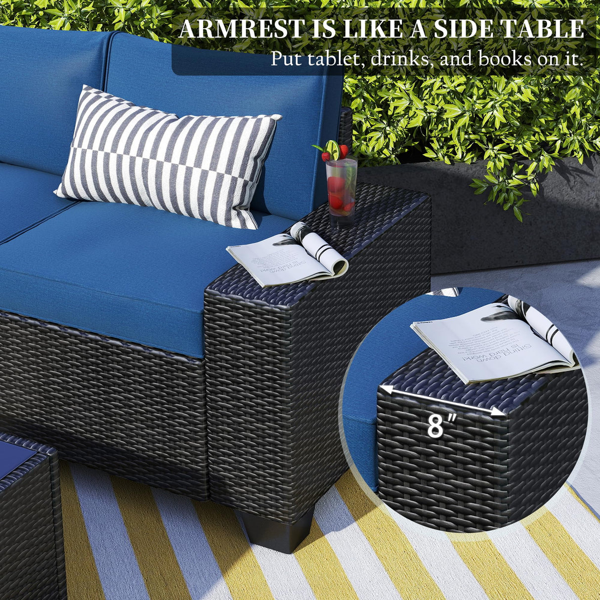 Aohanoi 6 Pieces Patio Furniture Set, Outdoor Sectional Set of 6 w/Wide Armrest, Waterproof Wicker Conversation Set for Backyard, Deck, Lake Blue Aohanoi