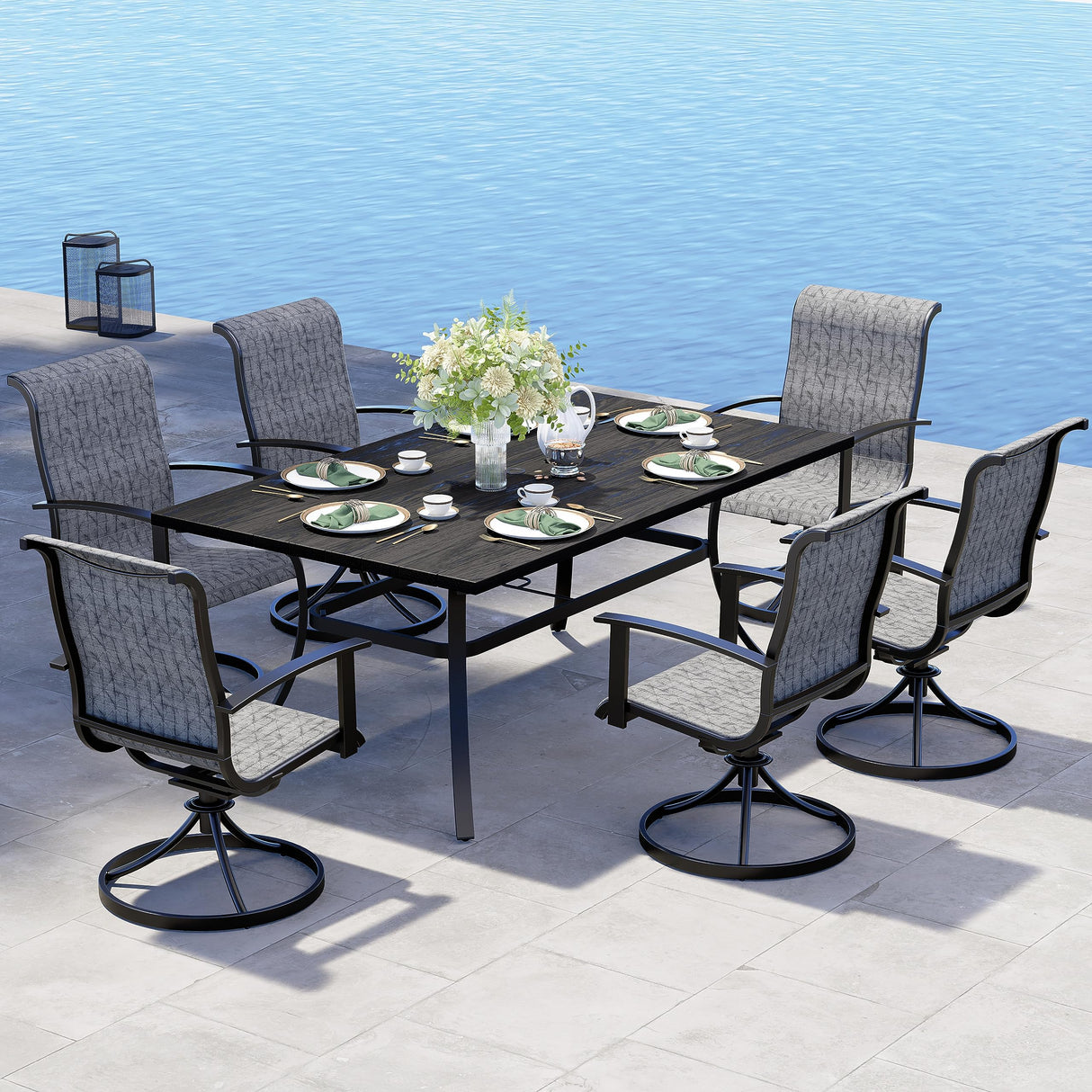 Grand patio Outdoor Dining Set for 6, Patio Dining Set with 6-Piece Mesh Sling Rocking Chairs, 1-Piece Large Rectangular Woodgrain Dining Table with Umbrella Hole, Black & Grey Plaid Grand patio