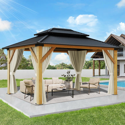 GARTOO 13’x15’ Patio Wooden Gazebo, Galvanized Steel Roof Gazebo with Privacy Curtains and Netting, Double Vented Roof Hardtop Gazebo for Garden, - WoodArtSupply